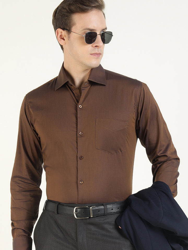 Men Brown Solid Pure Cotton Slim Fit Party Shirt