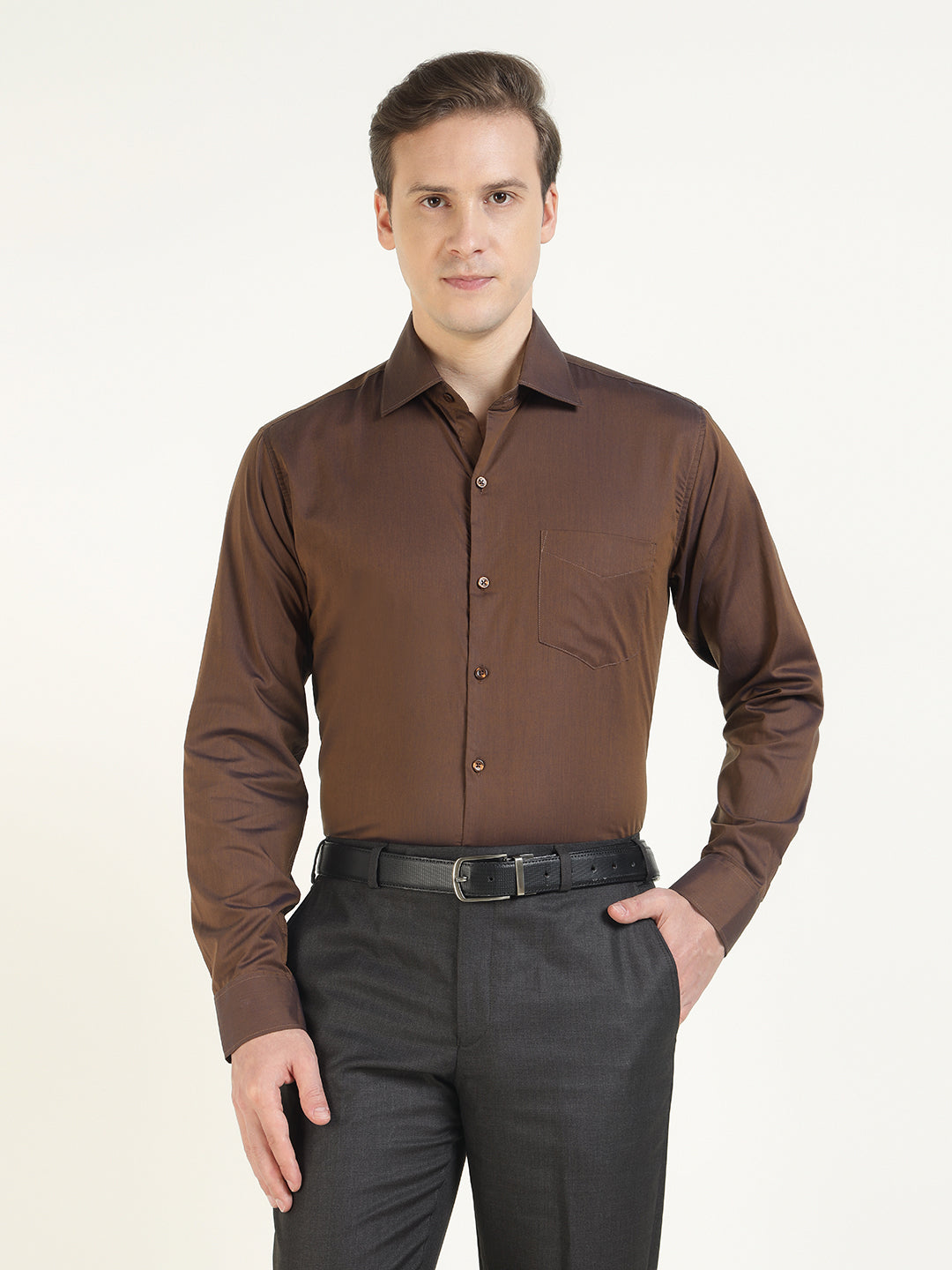Men Brown Solid Pure Cotton Slim Fit Party Shirt
