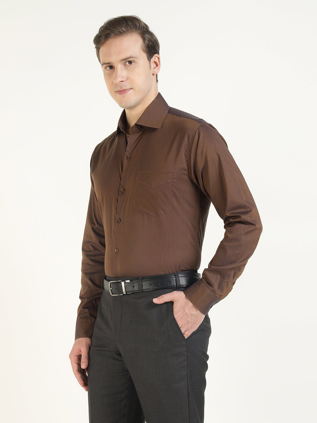 Men Brown Solid Pure Cotton Slim Fit Party Shirt