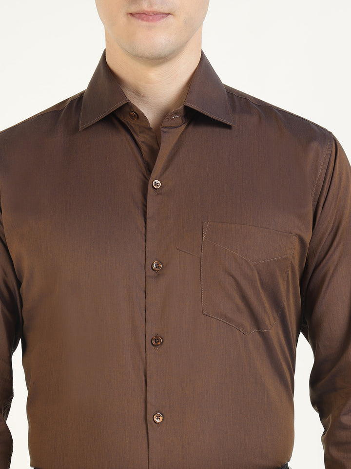 Men Brown Solid Pure Cotton Slim Fit Party Shirt