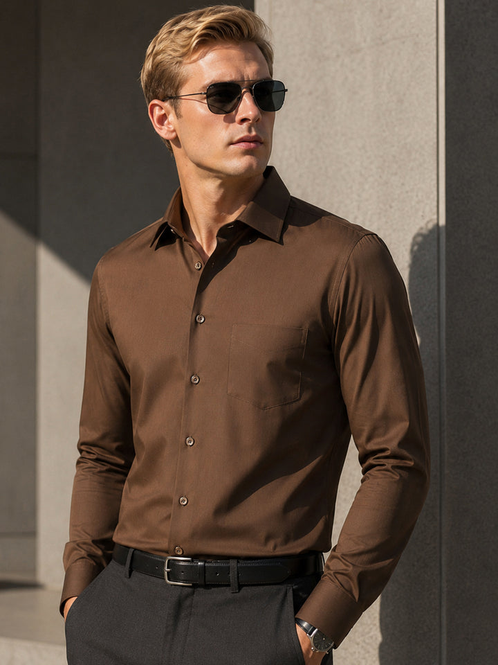 Men Brown Solid Pure Cotton Slim Fit Party Shirt