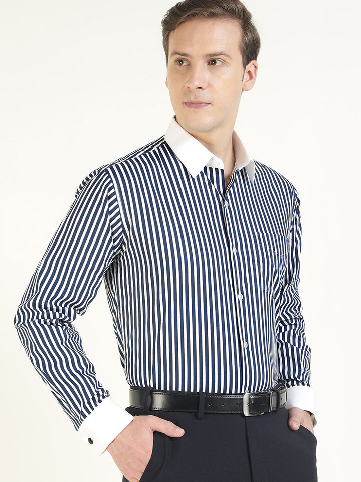 Men White & Navy Blue Striped Pure Cotton Slim Fit Formal Shirt