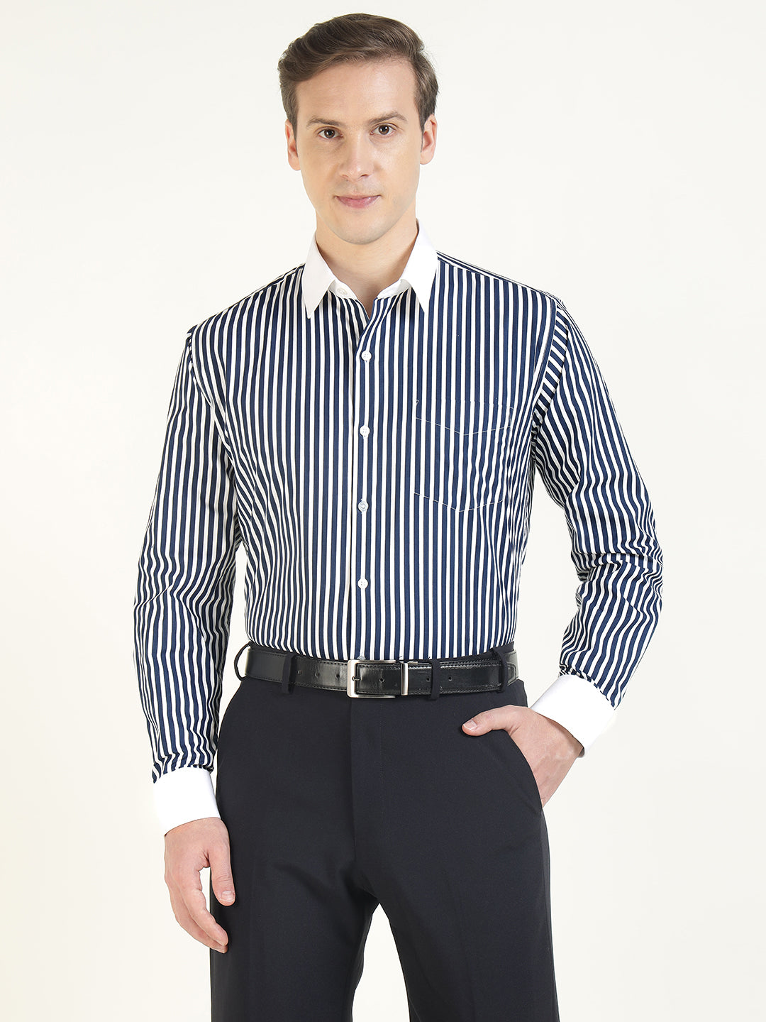 Men White & Navy Blue Striped Pure Cotton Slim Fit Formal Shirt