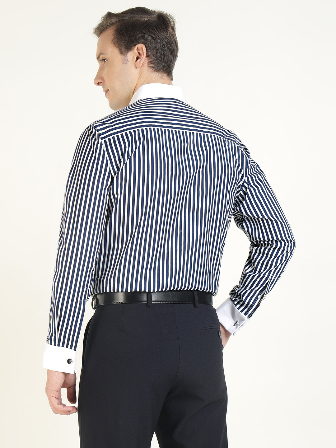Men White & Navy Blue Striped Pure Cotton Slim Fit Formal Shirt