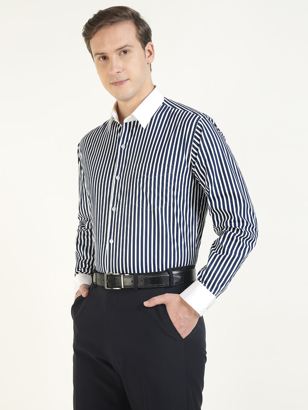Men White & Navy Blue Striped Pure Cotton Slim Fit Formal Shirt