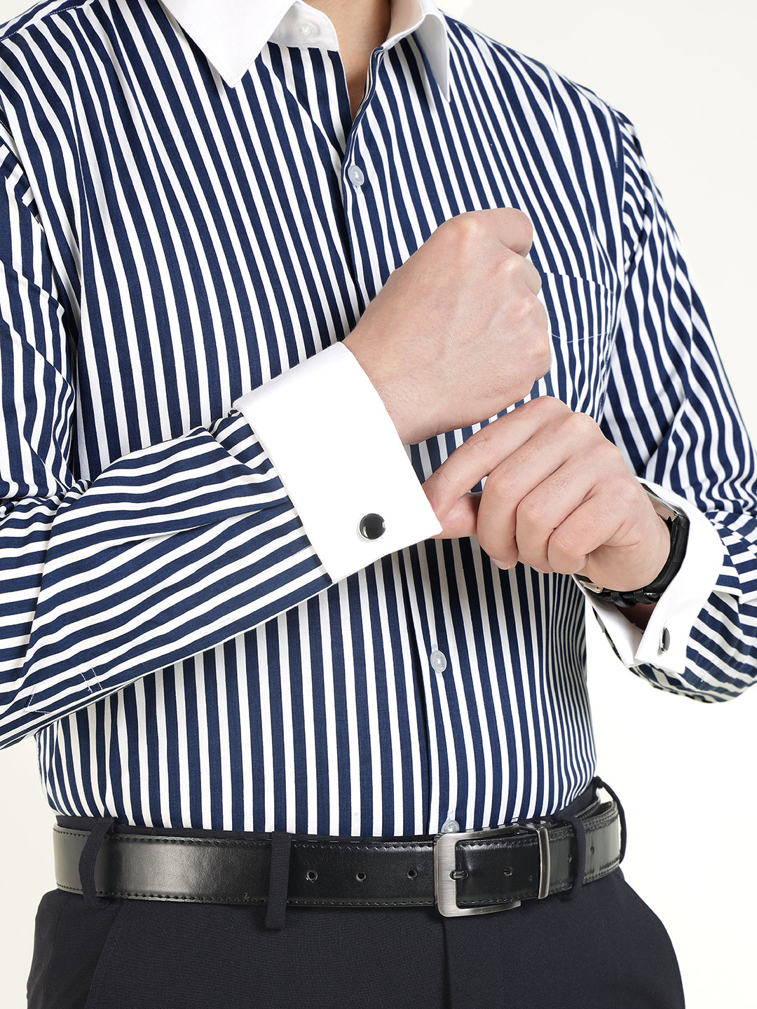 Men White & Navy Blue Striped Pure Cotton Slim Fit Formal Shirt