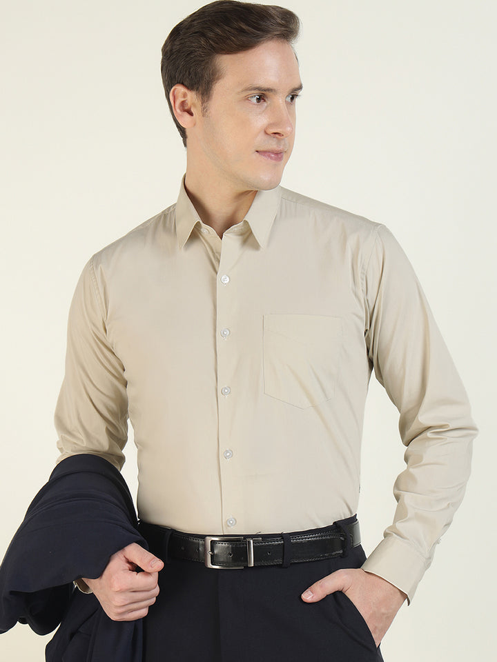 Men Cream Solid Cotton Rich Slim Fit Formal Shirt