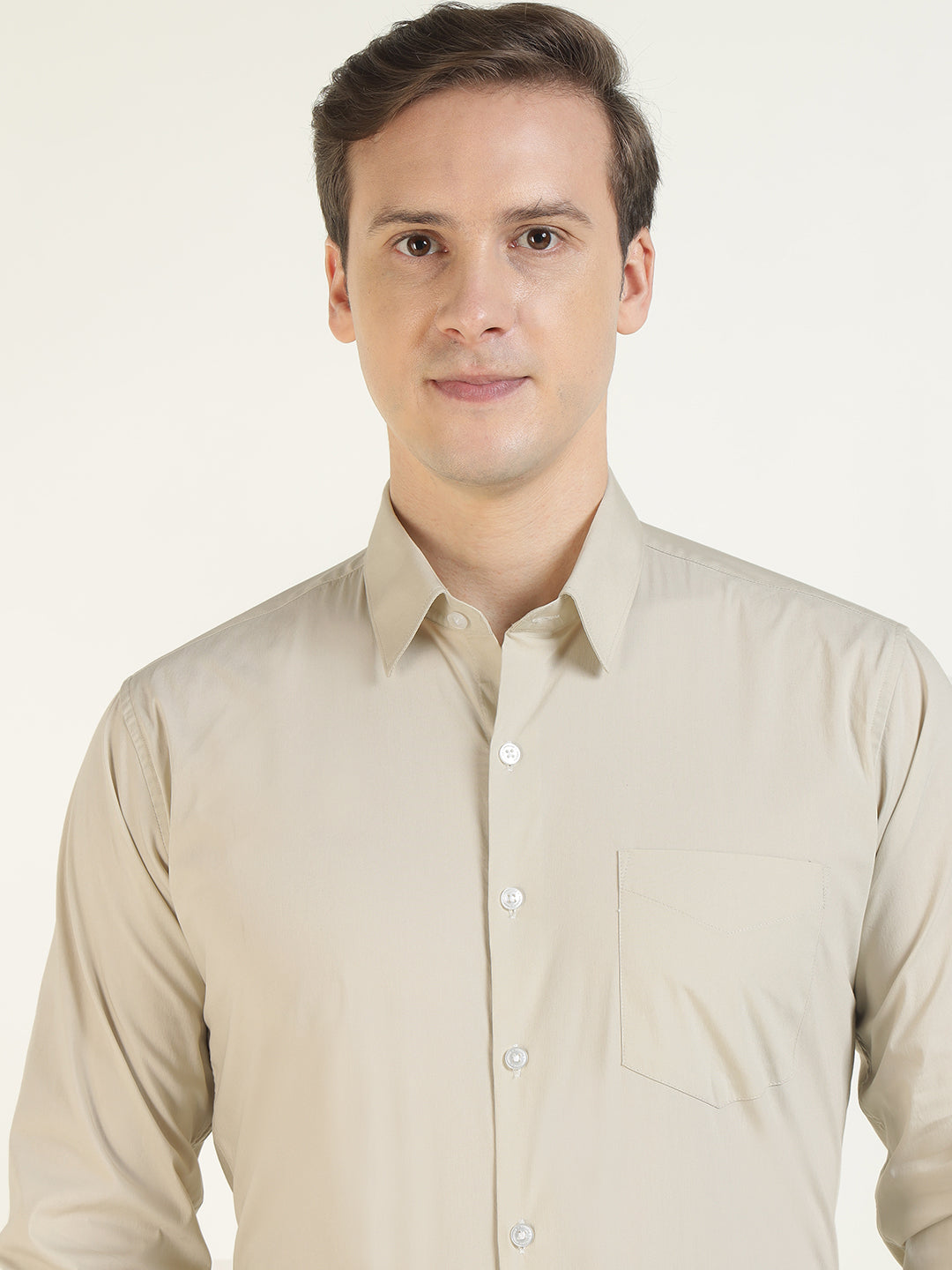 Men Cream Solid Cotton Rich Slim Fit Formal Shirt