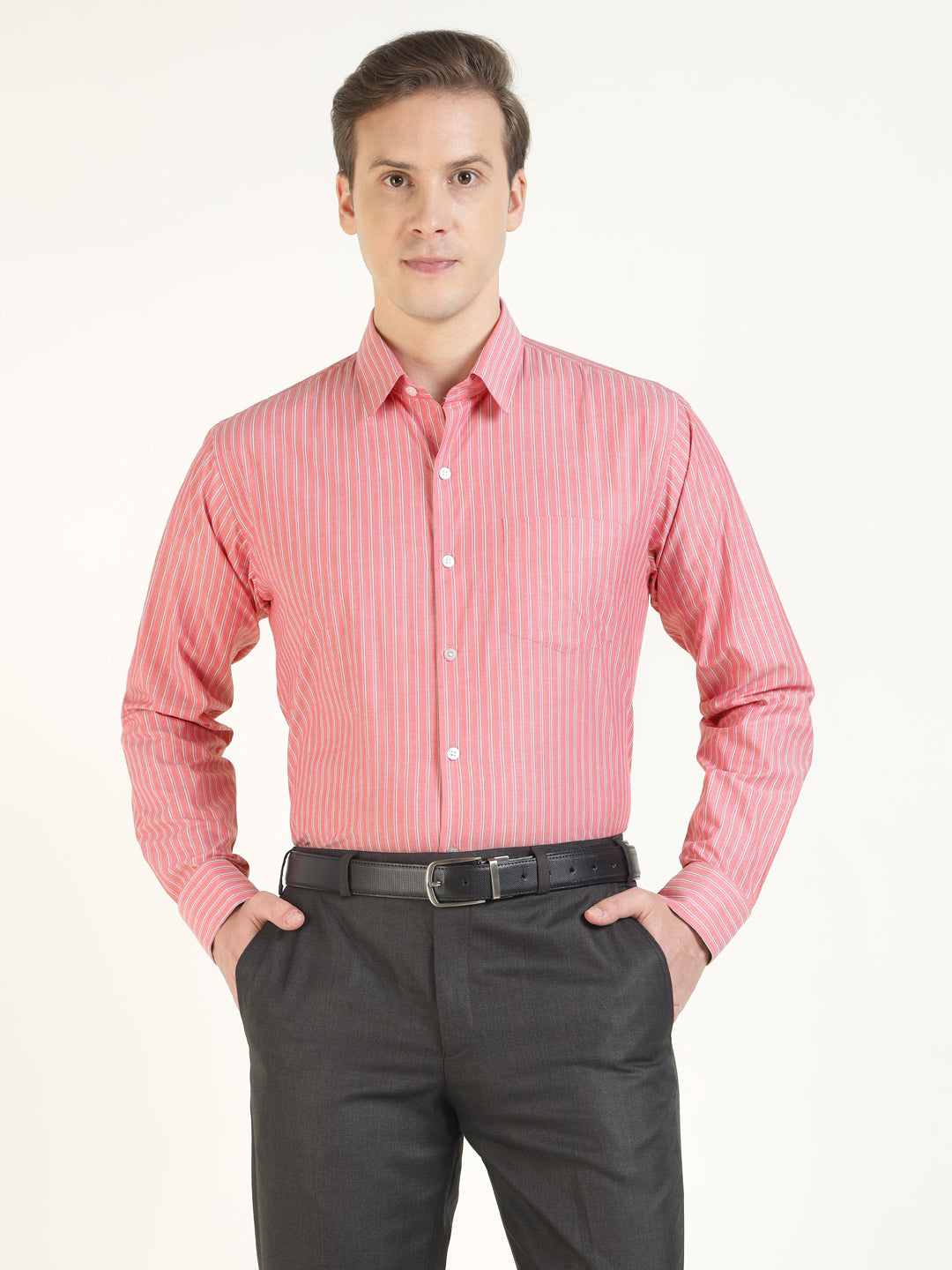 Men Coral Striped Pure Cotton Slim Fit Formal Shirt