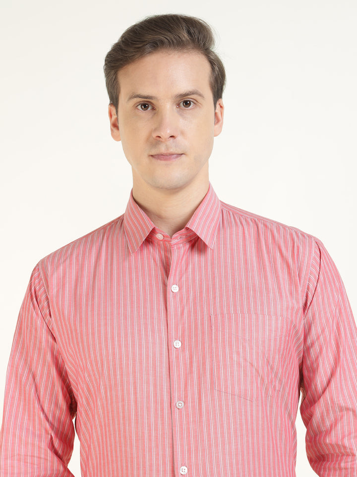 Men Coral Striped Pure Cotton Slim Fit Formal Shirt