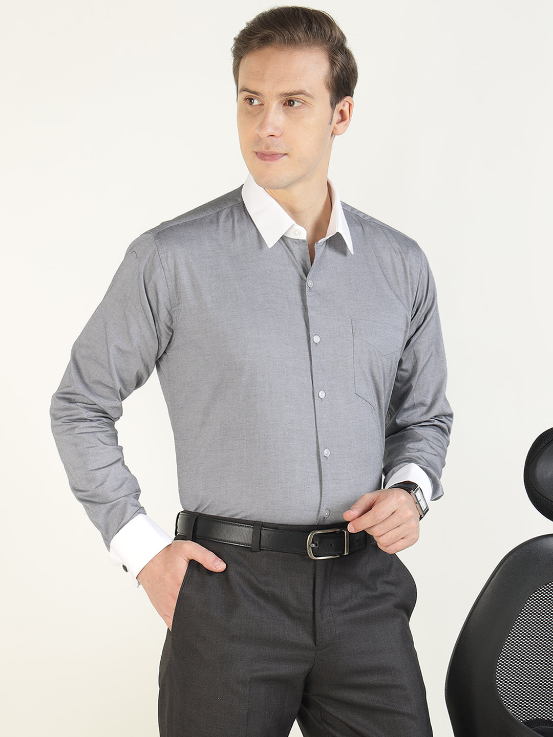 Men Grey Solid Pure Cotton Slim Fit Formal Shirt