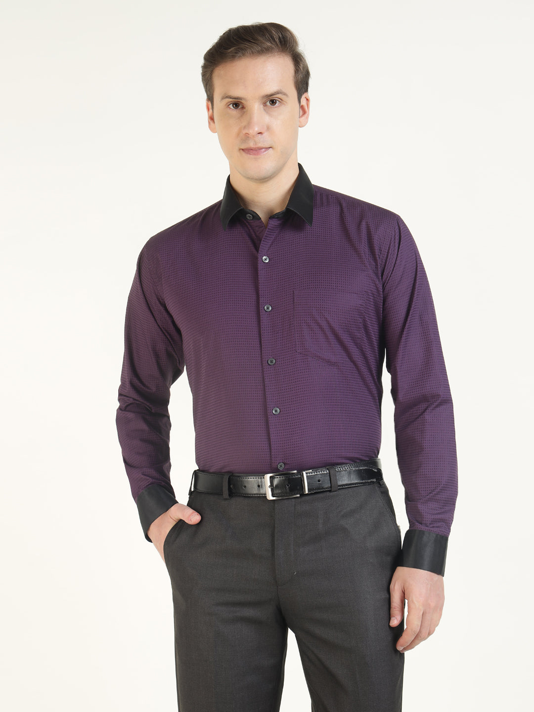 Hancock Men Purple Solid Pure Cotton Slim Fit Party Shirt