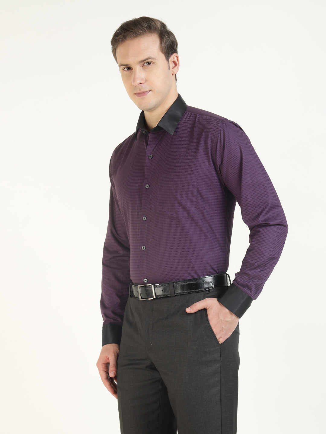 Hancock Men Purple Solid Pure Cotton Slim Fit Party Shirt