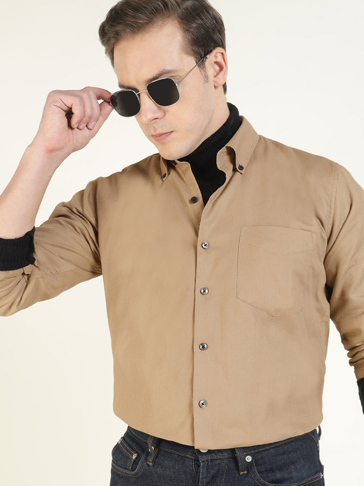 Hancock Men Beige Solid Pure Cotton Slim Fit Casual Shirt