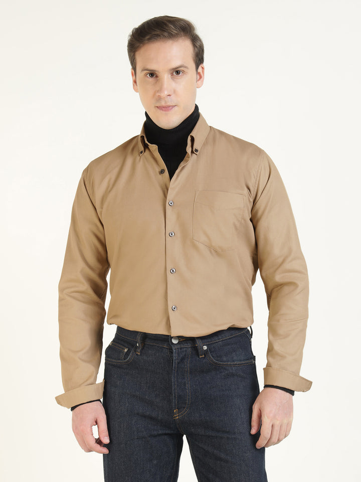 Hancock Men Beige Solid Pure Cotton Slim Fit Casual Shirt