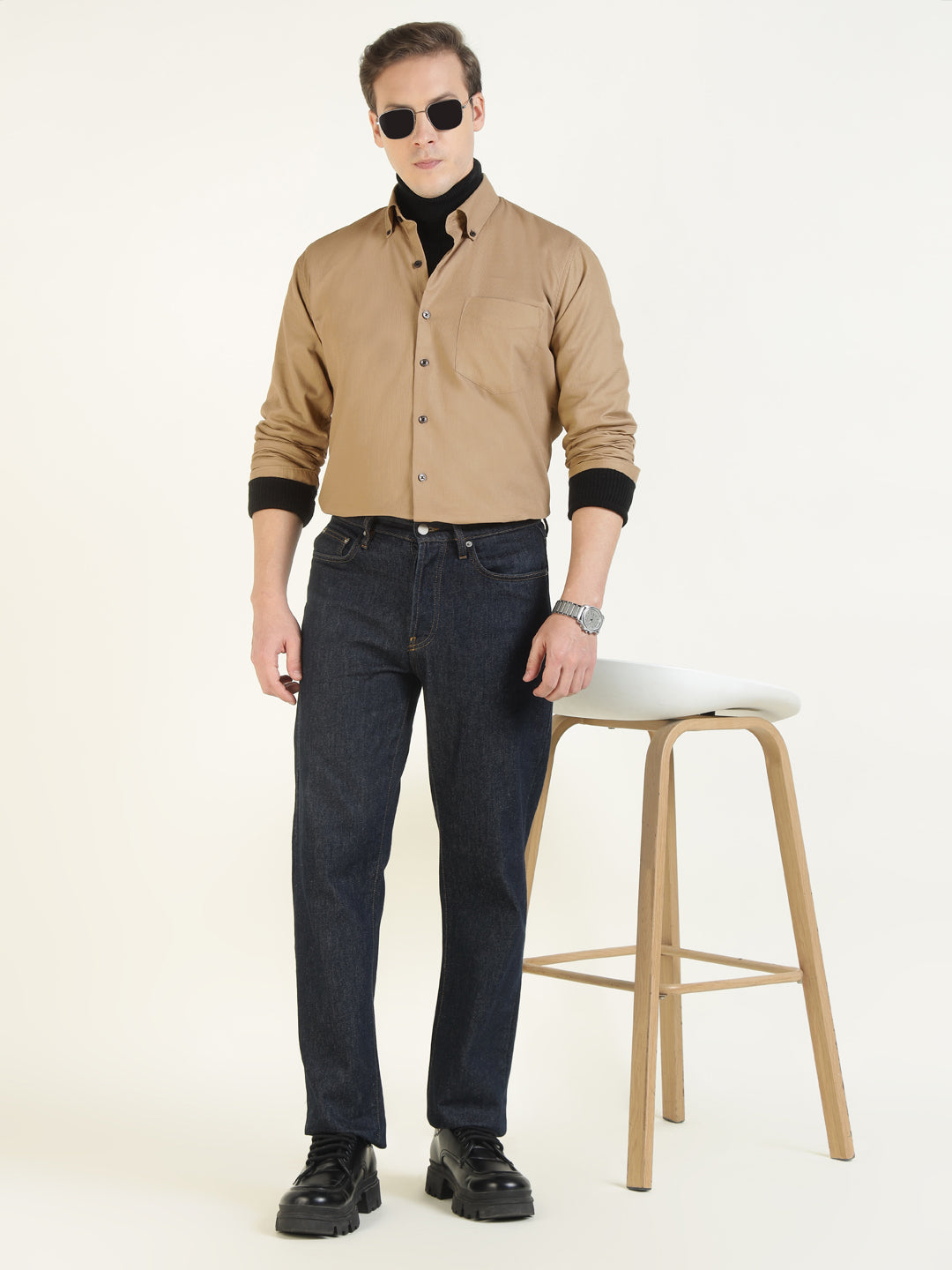 Hancock Men Beige Solid Pure Cotton Slim Fit Casual Shirt