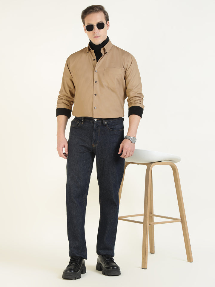 Hancock Men Beige Solid Pure Cotton Slim Fit Casual Shirt