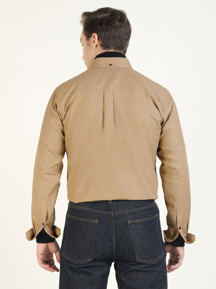 Hancock Men Beige Solid Pure Cotton Slim Fit Casual Shirt