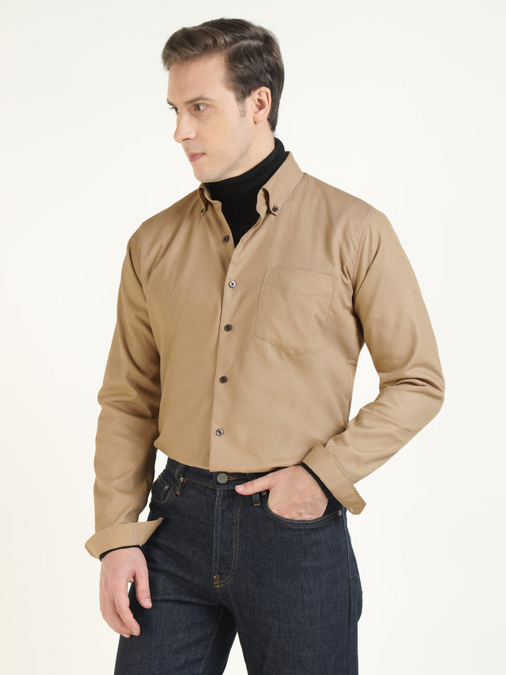 Hancock Men Beige Solid Pure Cotton Slim Fit Casual Shirt