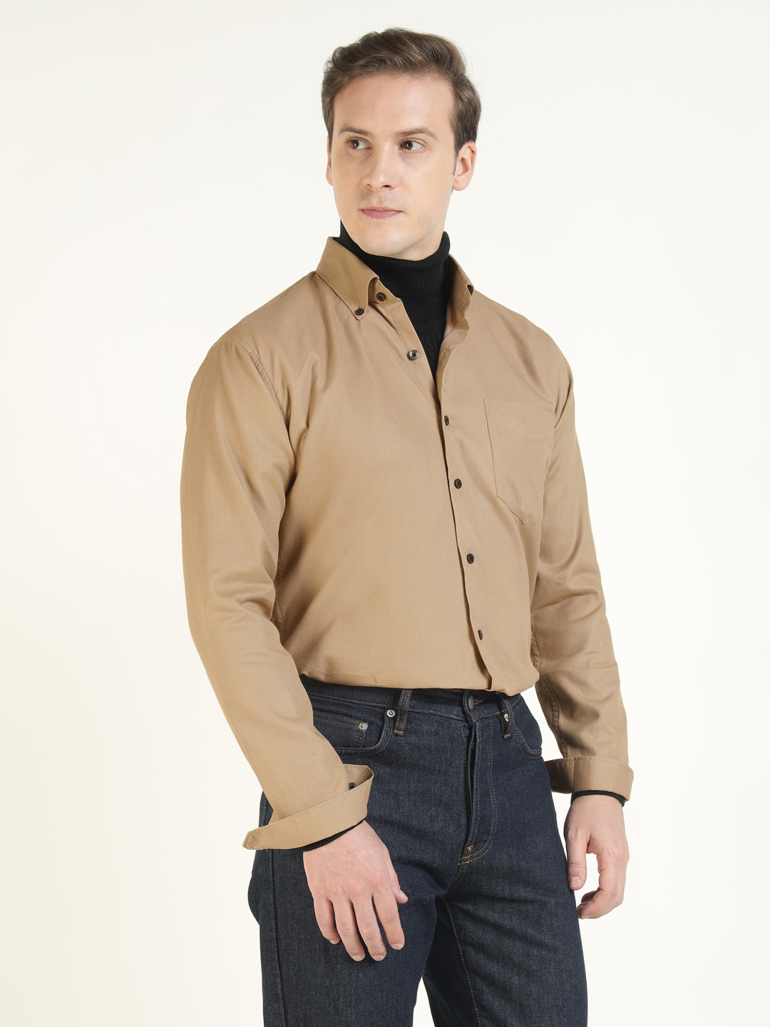 Hancock Men Beige Solid Pure Cotton Slim Fit Casual Shirt