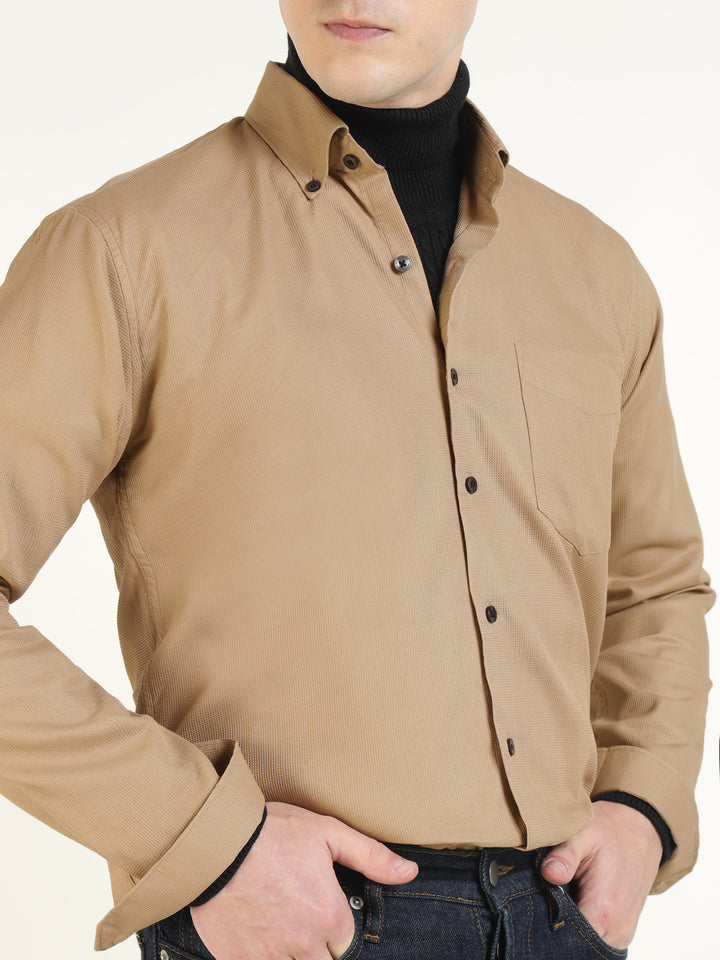 Hancock Men Beige Solid Pure Cotton Slim Fit Casual Shirt