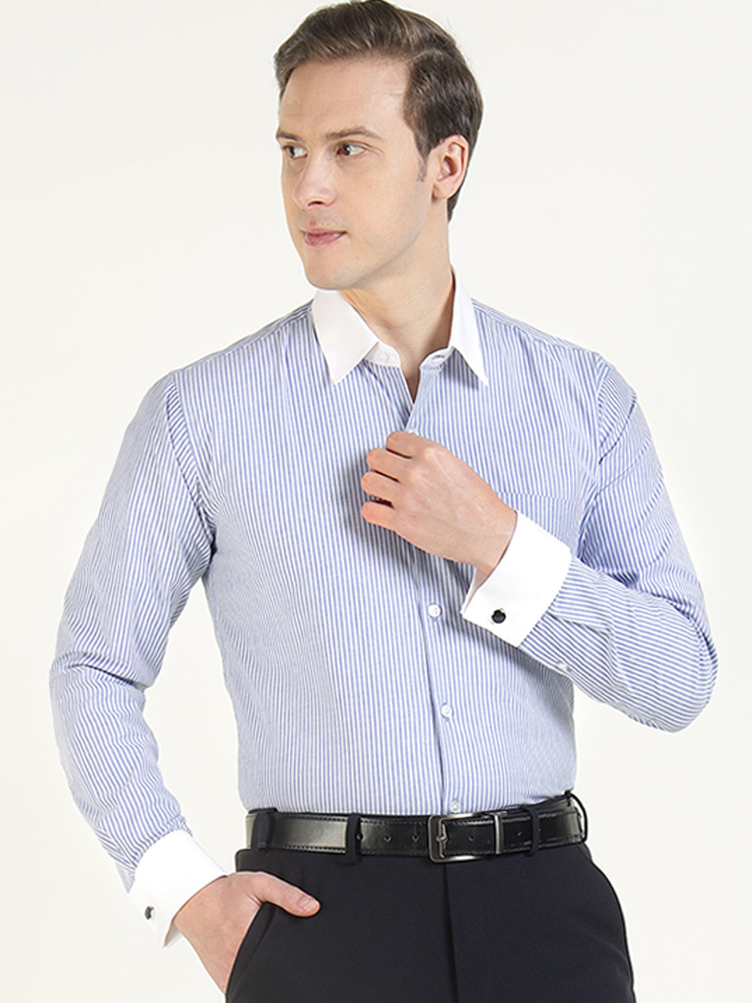 Men Blue & White Striped Cotton Elastene Slim Fit Formal Shirt