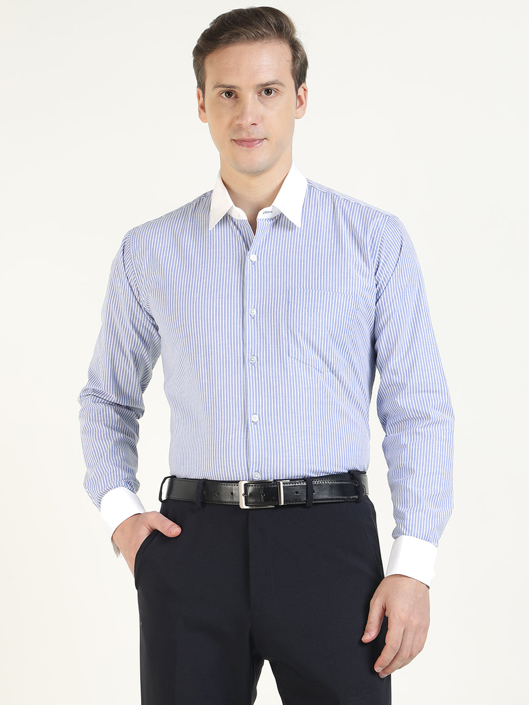 Men Blue & White Striped Cotton Elastene Slim Fit Formal Shirt