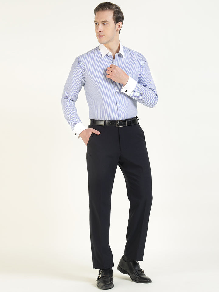 Men Blue & White Striped Cotton Elastene Slim Fit Formal Shirt