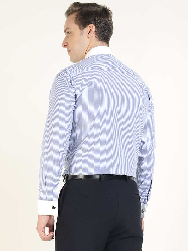 Men Blue & White Striped Cotton Elastene Slim Fit Formal Shirt