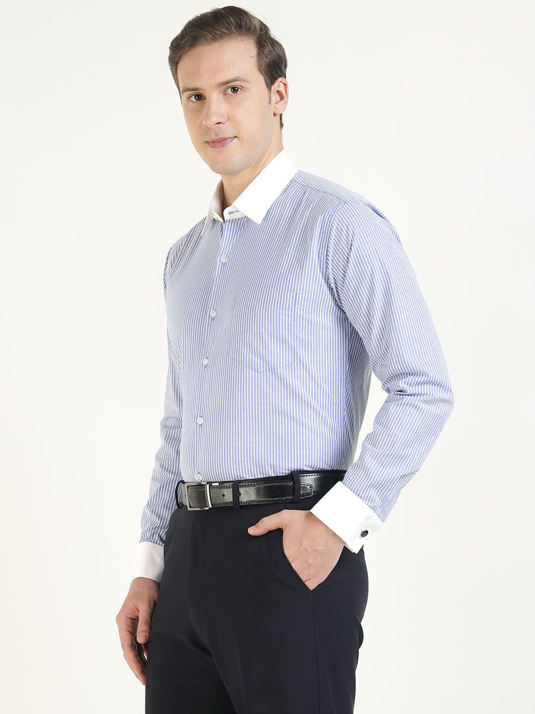 Men Blue & White Striped Cotton Elastene Slim Fit Formal Shirt