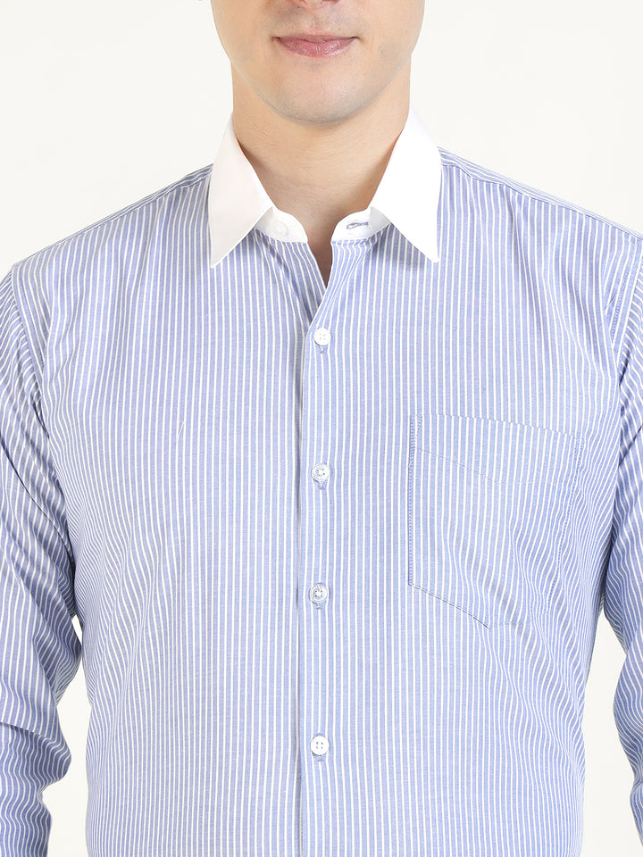 Men Blue & White Striped Cotton Elastene Slim Fit Formal Shirt