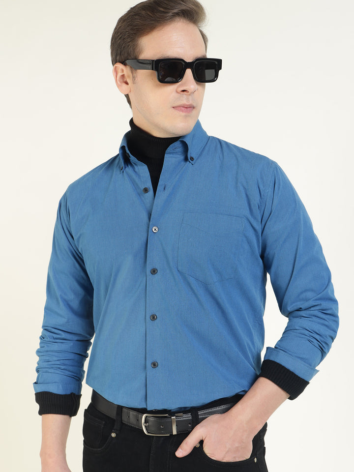 Hancock Men Blue Solid Pure Cotton Slim Fit Casual Shirt