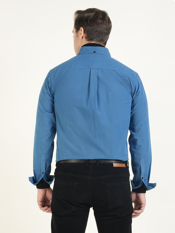 Hancock Men Blue Solid Pure Cotton Slim Fit Casual Shirt