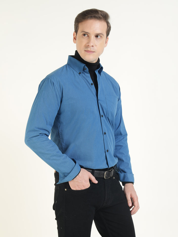 Hancock Men Blue Solid Pure Cotton Slim Fit Casual Shirt