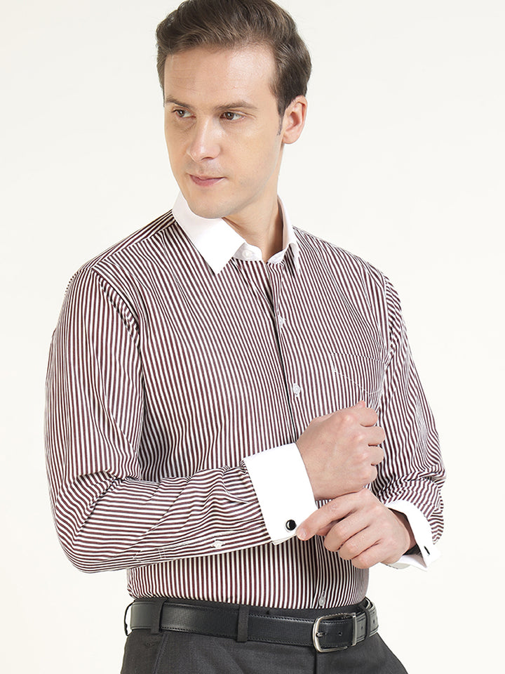 Men White & Maroon Striped Pure Cotton Slim Fit Formal Shirt