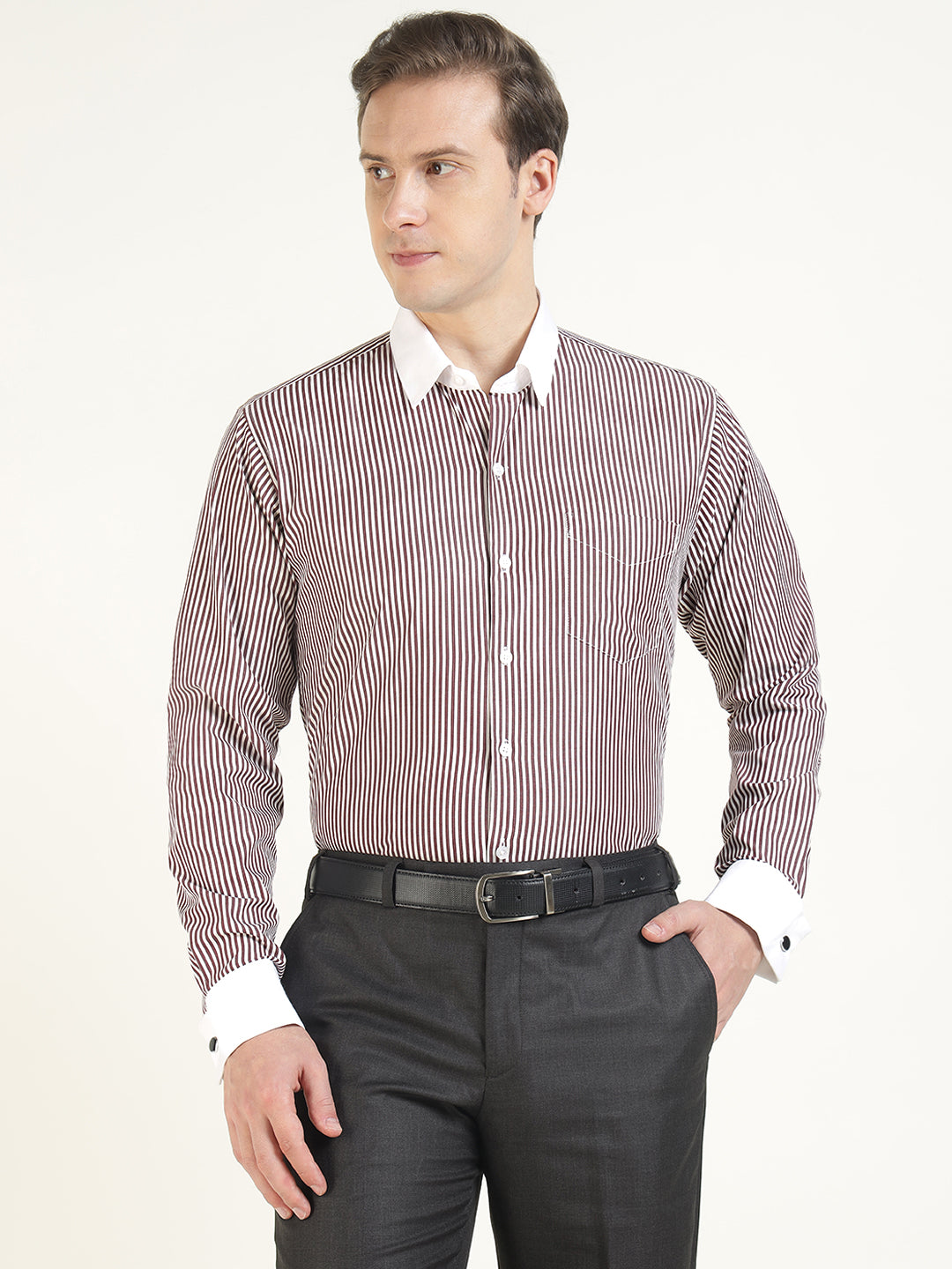 Men White & Maroon Striped Pure Cotton Slim Fit Formal Shirt
