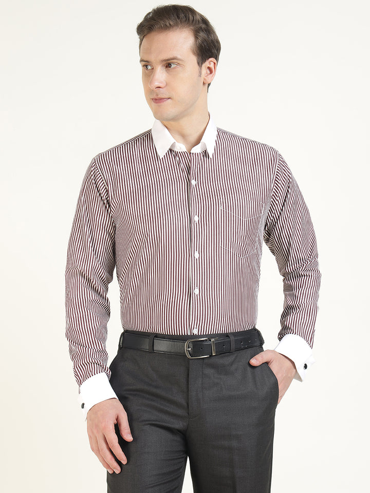 Men White & Maroon Striped Pure Cotton Slim Fit Formal Shirt