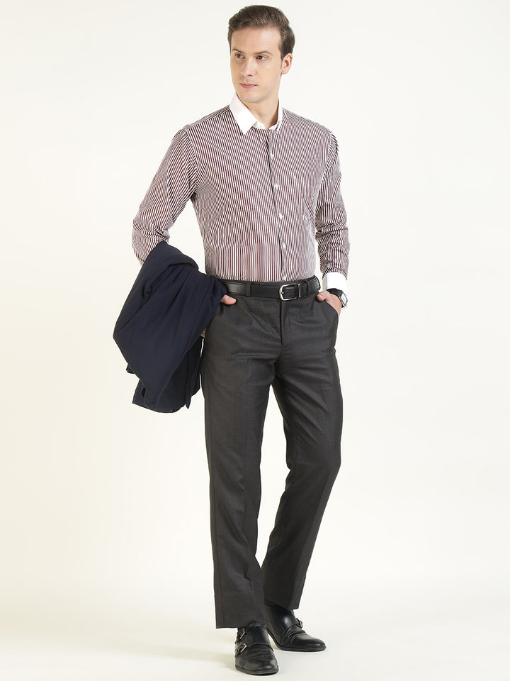 Men White & Maroon Striped Pure Cotton Slim Fit Formal Shirt