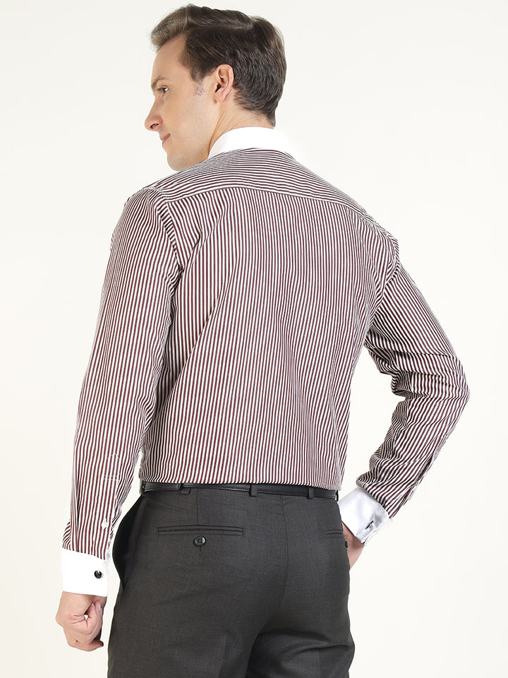 Men White & Maroon Striped Pure Cotton Slim Fit Formal Shirt