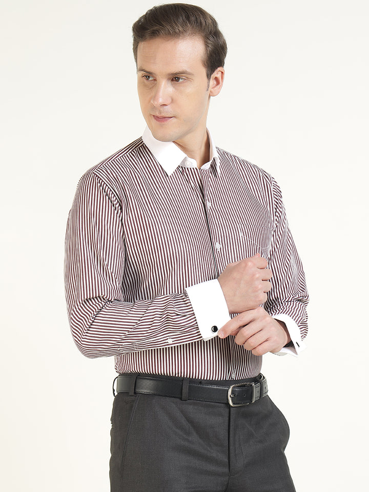 Men White & Maroon Striped Pure Cotton Slim Fit Formal Shirt