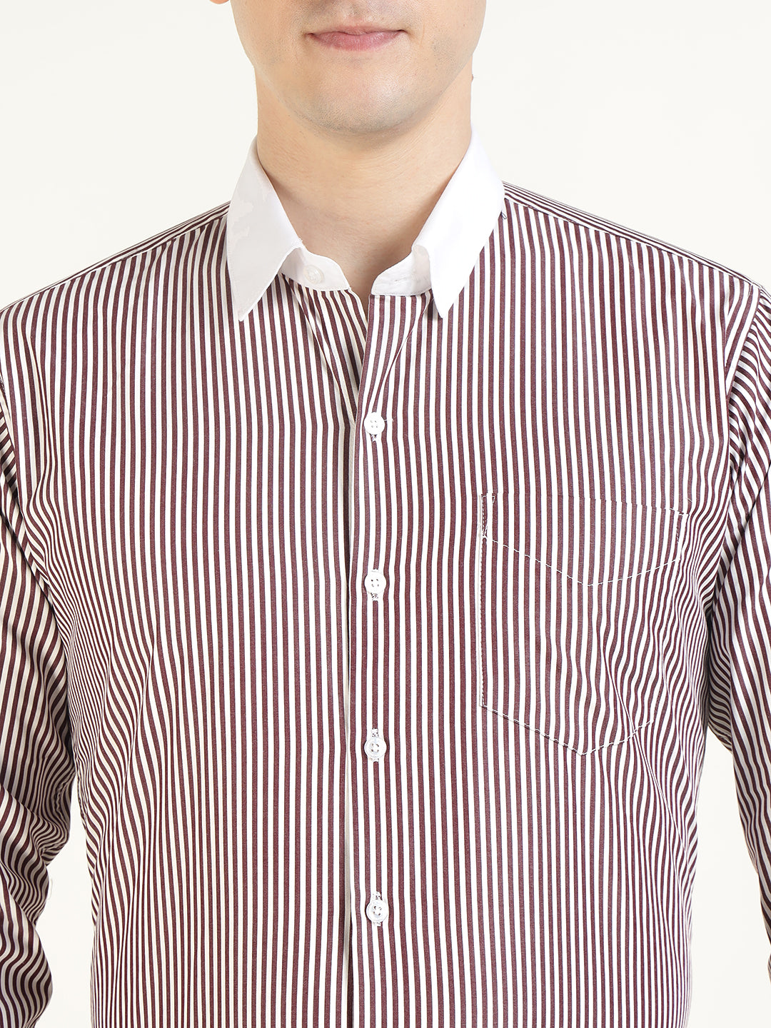 Men White & Maroon Striped Pure Cotton Slim Fit Formal Shirt