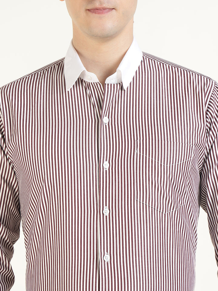 Men White & Maroon Striped Pure Cotton Slim Fit Formal Shirt