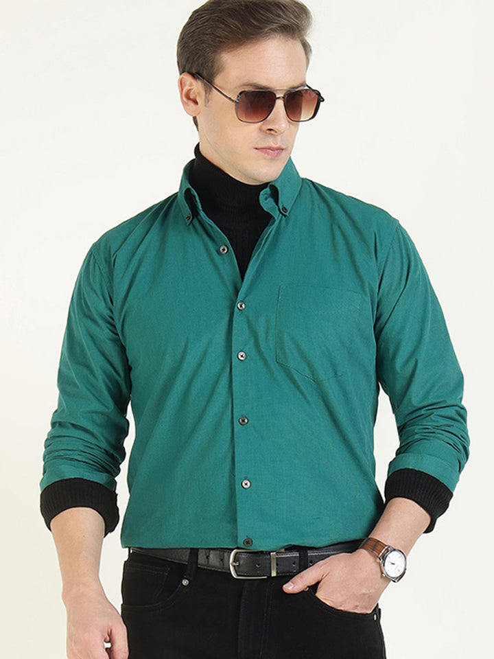 Hancock Men Green Solid Pure Cotton Slim Fit Casual Shirt