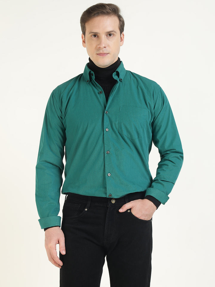 Hancock Men Green Solid Pure Cotton Slim Fit Casual Shirt