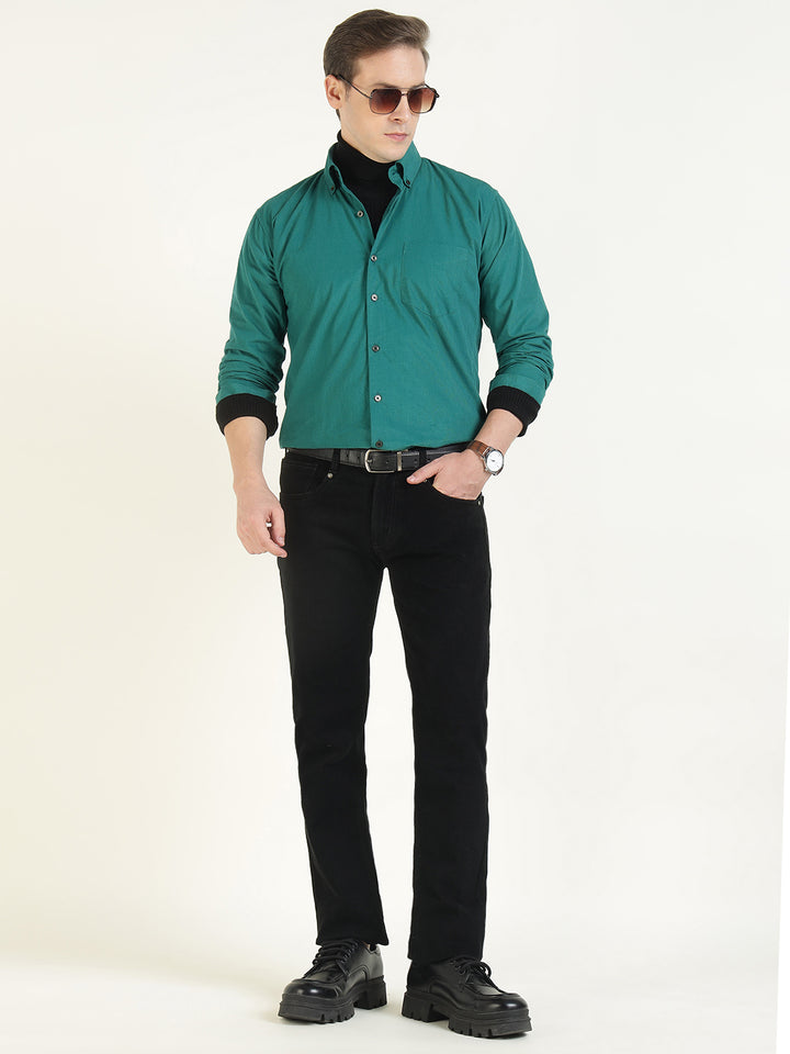 Hancock Men Green Solid Pure Cotton Slim Fit Casual Shirt