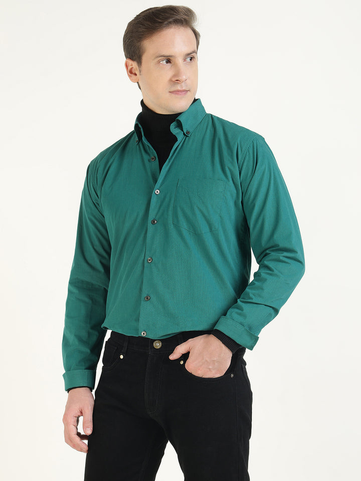 Hancock Men Green Solid Pure Cotton Slim Fit Casual Shirt