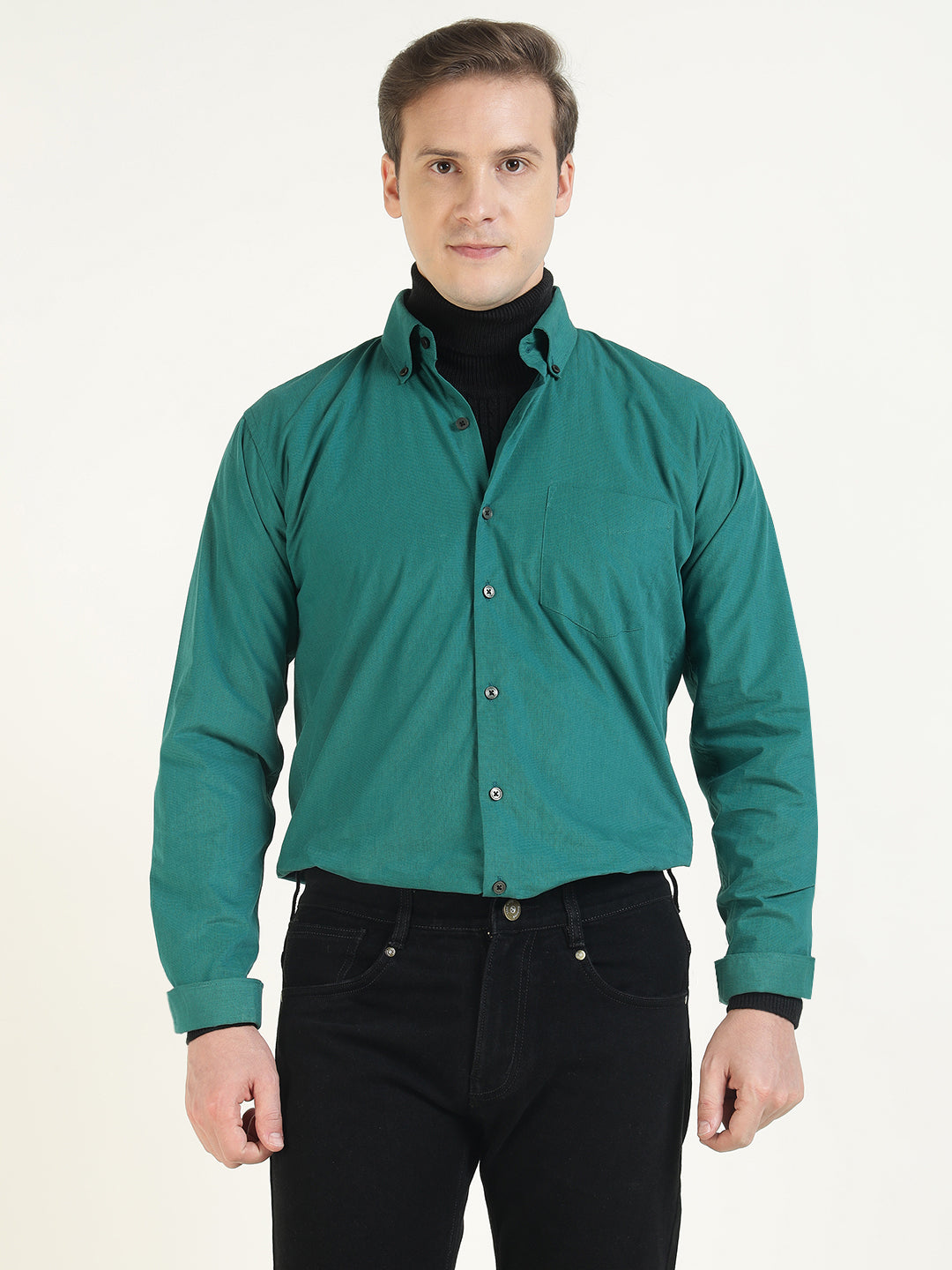 Hancock Men Green Solid Pure Cotton Slim Fit Casual Shirt