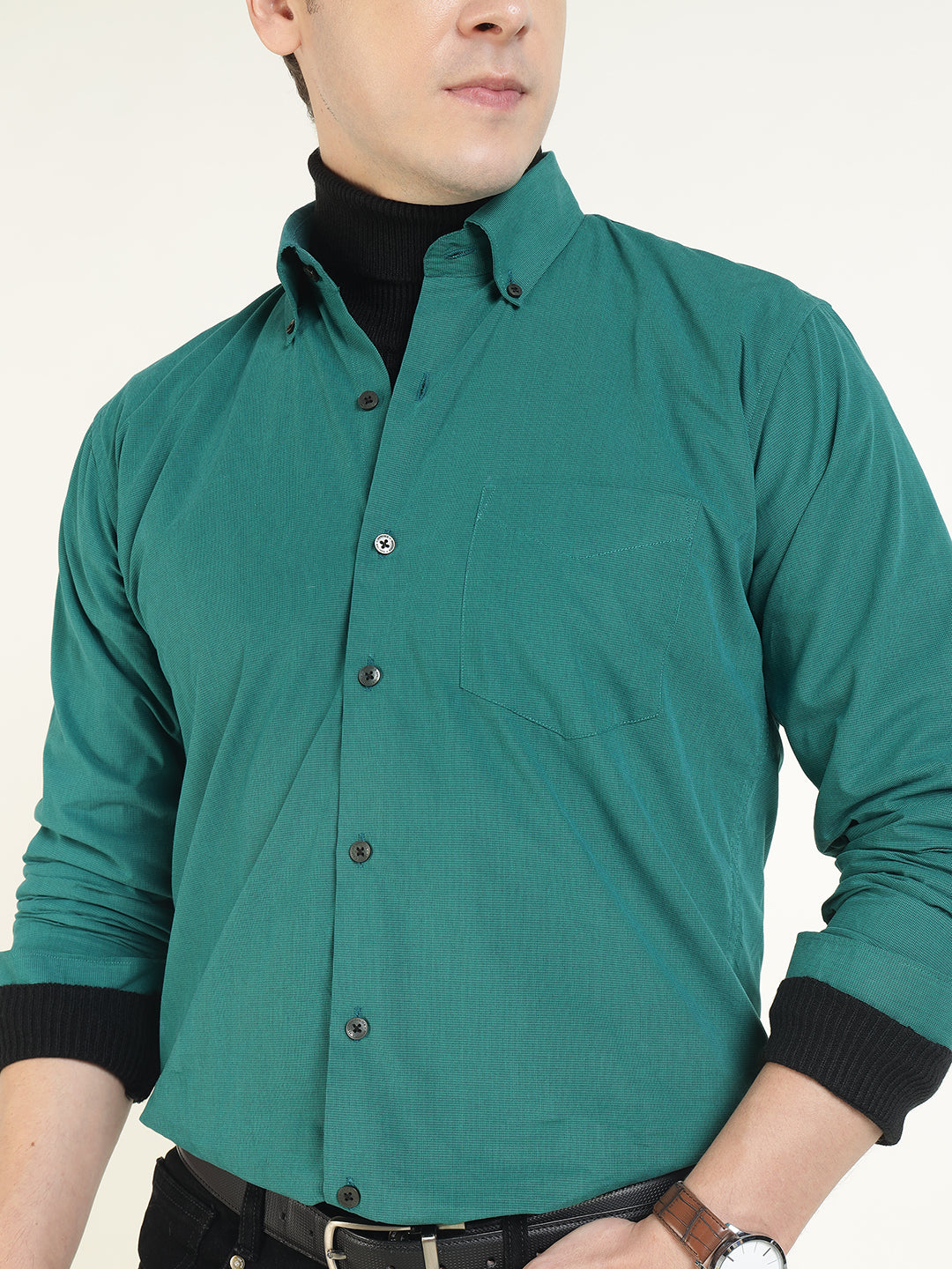 Hancock Men Green Solid Pure Cotton Slim Fit Casual Shirt