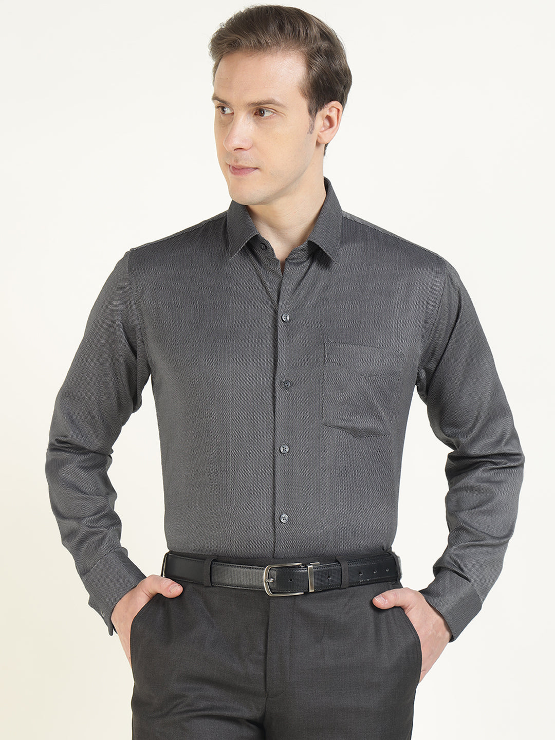 Men Grey Solid Pure Cotton Slim Fit Formal Shirt