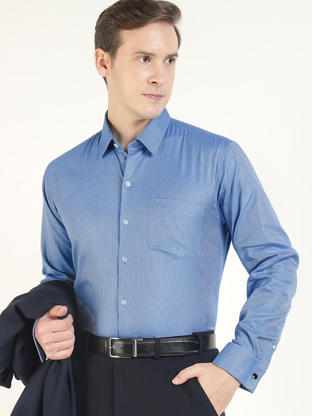 Men Blue Solid Pure Cotton Slim Fit Formal Shirt